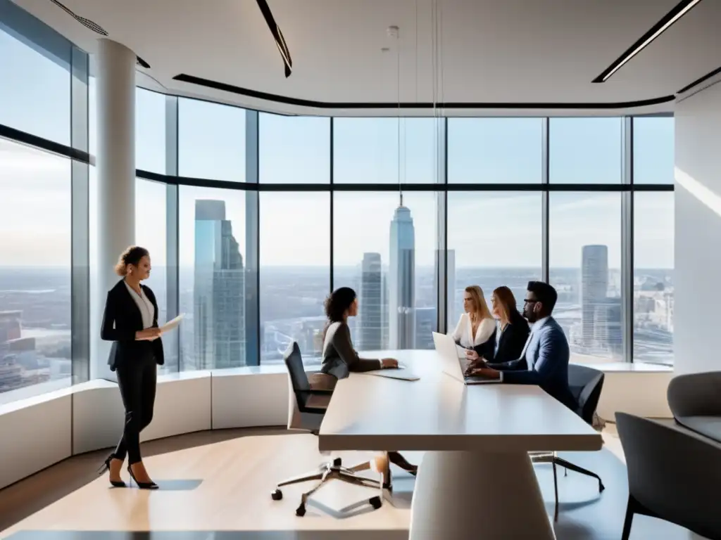 Oficina moderna con profesionales discutiendo sobre fondos de inversión Espacio de oficina moderno y elegante con profesionales discutiendo fondos indexados y diversificación eficiente