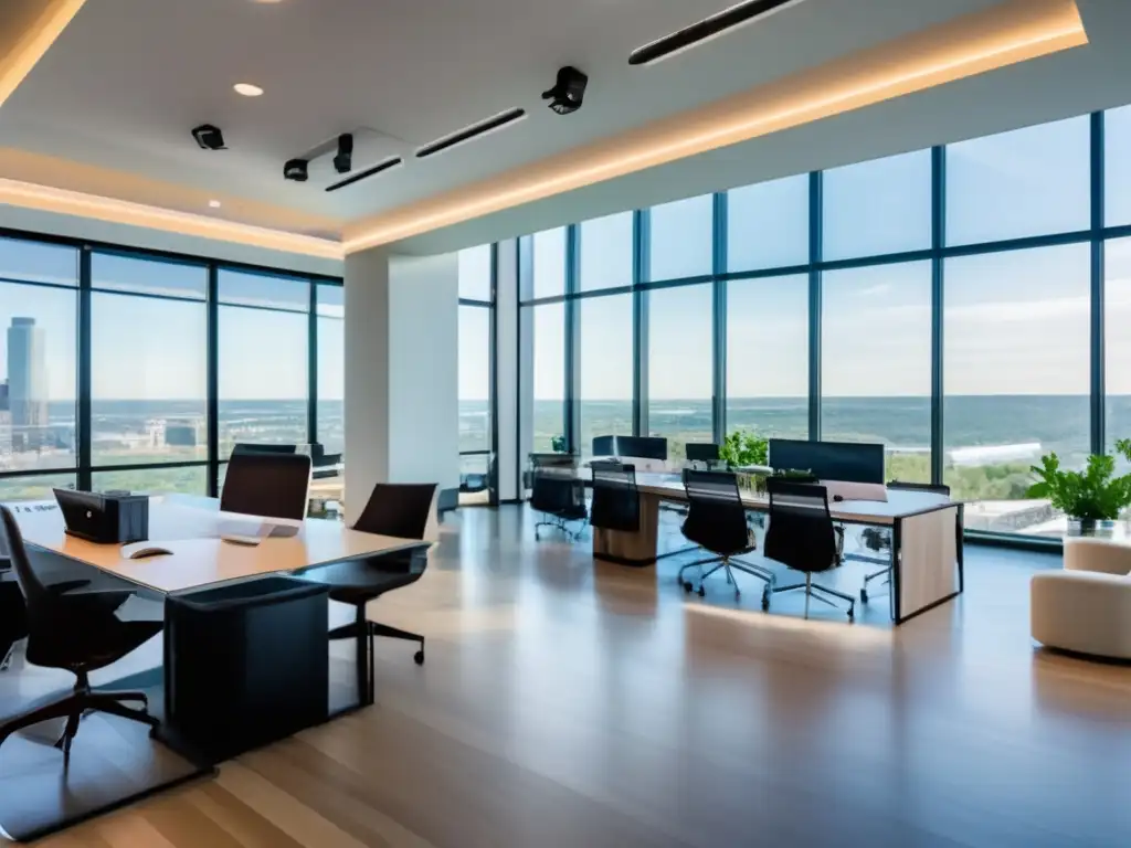 Oficina moderna con emprendedores colaborando Espacio de oficina moderno con emprendedores trabajando en colaboración, vestidos de forma profesional, en un entorno luminoso con vista a la ciudad