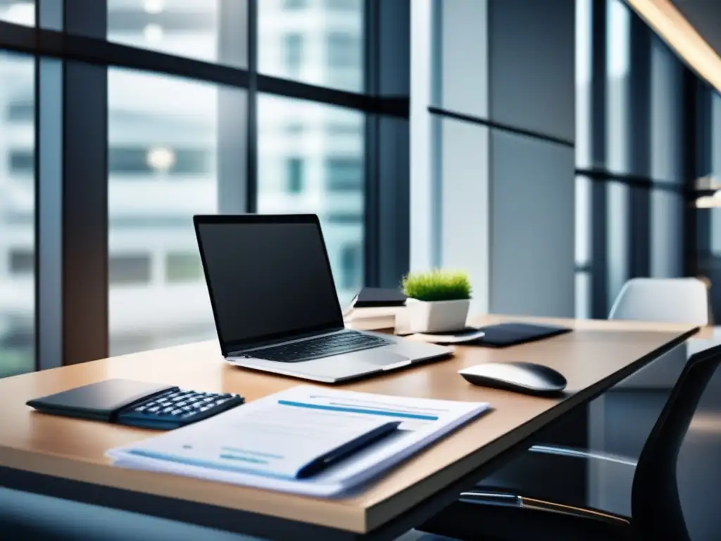 Escritorio moderno con calculadora de impuestos y documentos financieros Espacio de oficina moderno con escritorio elegante, calculadora de impuestos en laptop y documentos financieros organizados