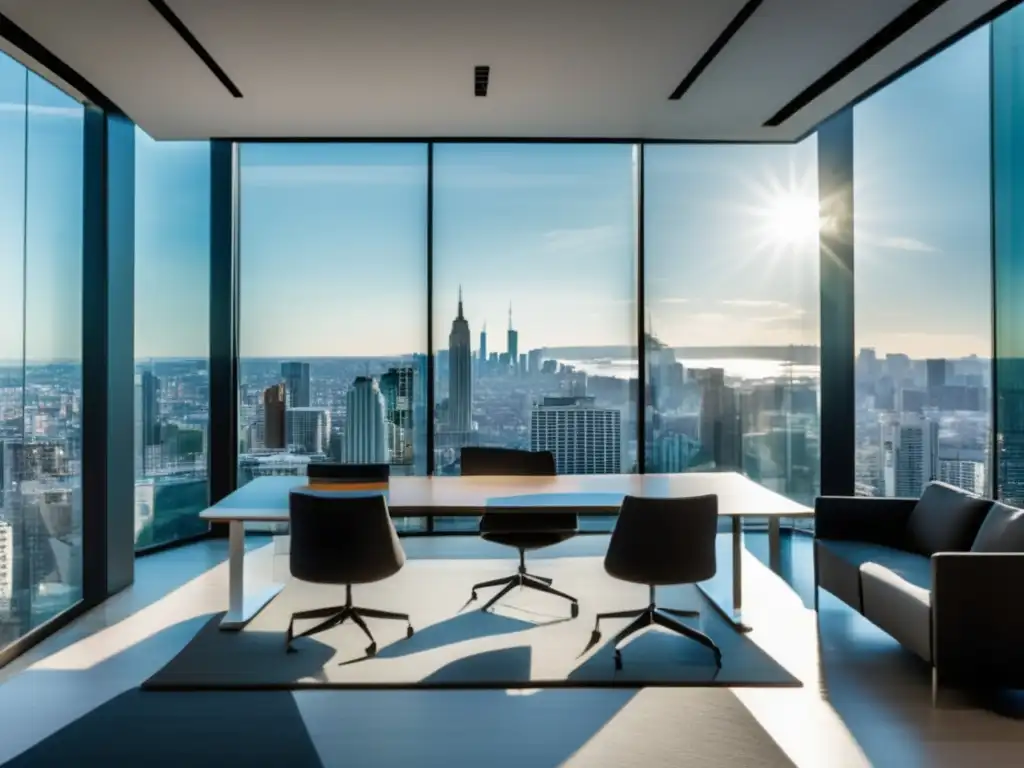 Oficina moderna con vista a la ciudad y datos financieros Un espacio de oficina moderno y luminoso con vista panorámica a la ciudad