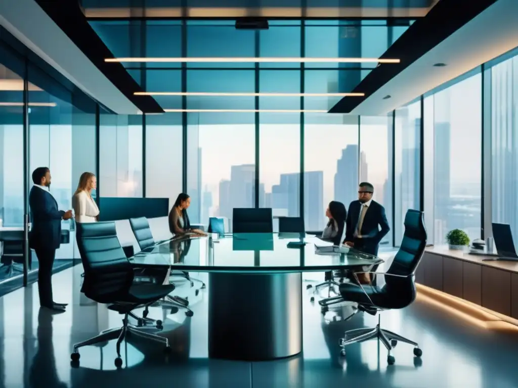 Oficina moderna y profesional Espacio de oficina moderno con mesa de vidrio, profesionales discutiendo y pantallas de datos financieros - Leyes de inversión en acciones financieras