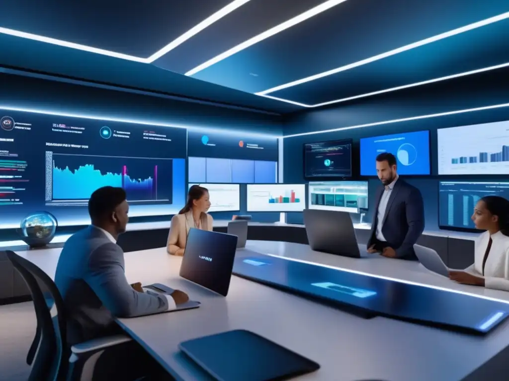 Oficina moderna con profesionales diversificados y tecnología avanzada Espacio de oficina moderno con profesionales diversificados y roboadvisors para inversión diversificada