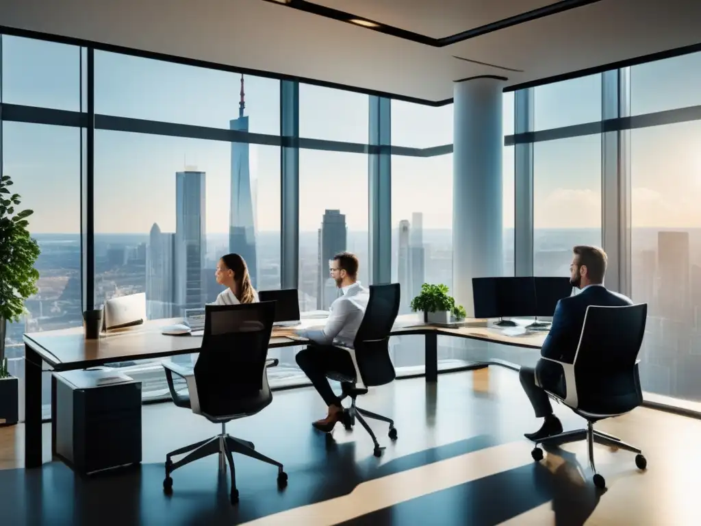 Oficina moderna con profesionales en actividad Un espacio de oficina moderno con profesionales en actividades de inversión