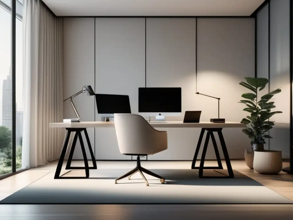 Oficina moderna y exitosa Espacio de oficina moderno y sereno con luz natural, muebles minimalistas y entrenamiento psicológico para inversionistas exitosos