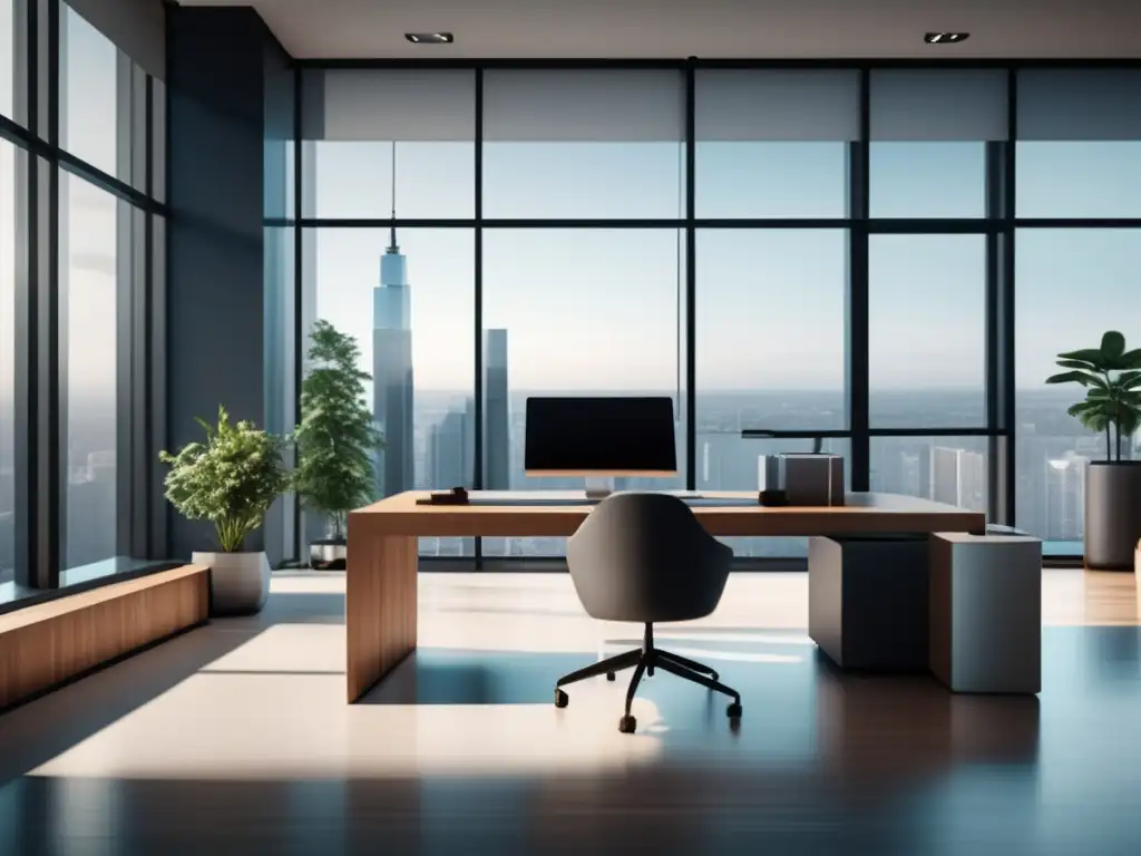 Oficina moderna con diseño minimalista y tecnológico Espacio de oficina moderno y sofisticado con mobiliario elegante y tecnología avanzada
