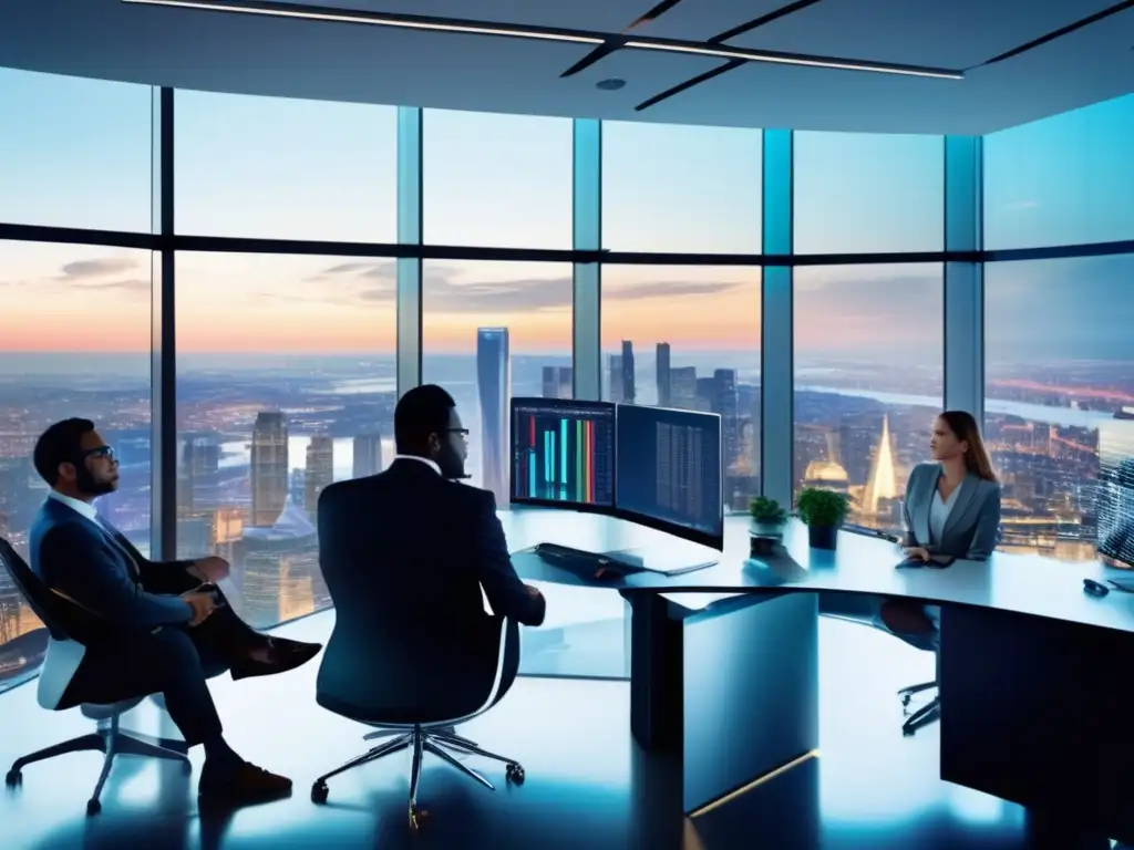 Oficina moderna y exitosa con emprendedores financieros Espacio de oficina moderno con tecnología avanzada y personas diversas discutiendo estrategias de inversión