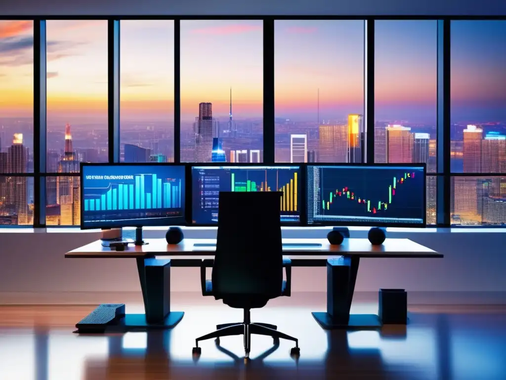 Oficina moderna con vista a la ciudad y trading desk Espacio de oficina moderno con ventanales y vista a la ciudad