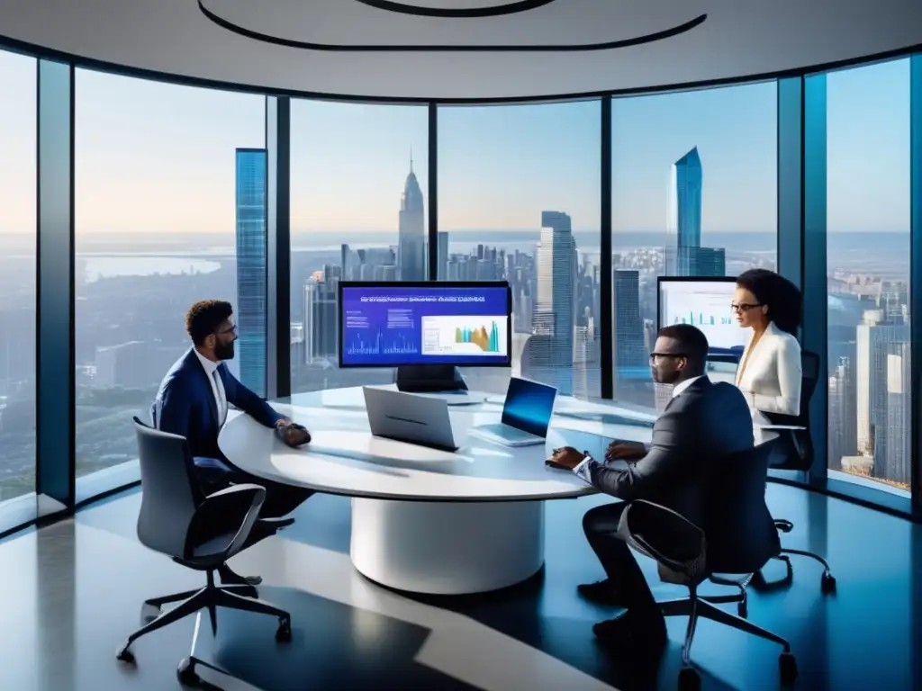 Oficina moderna con profesionales analizando datos Espacio de oficina moderno con ventanales y vista a la ciudad