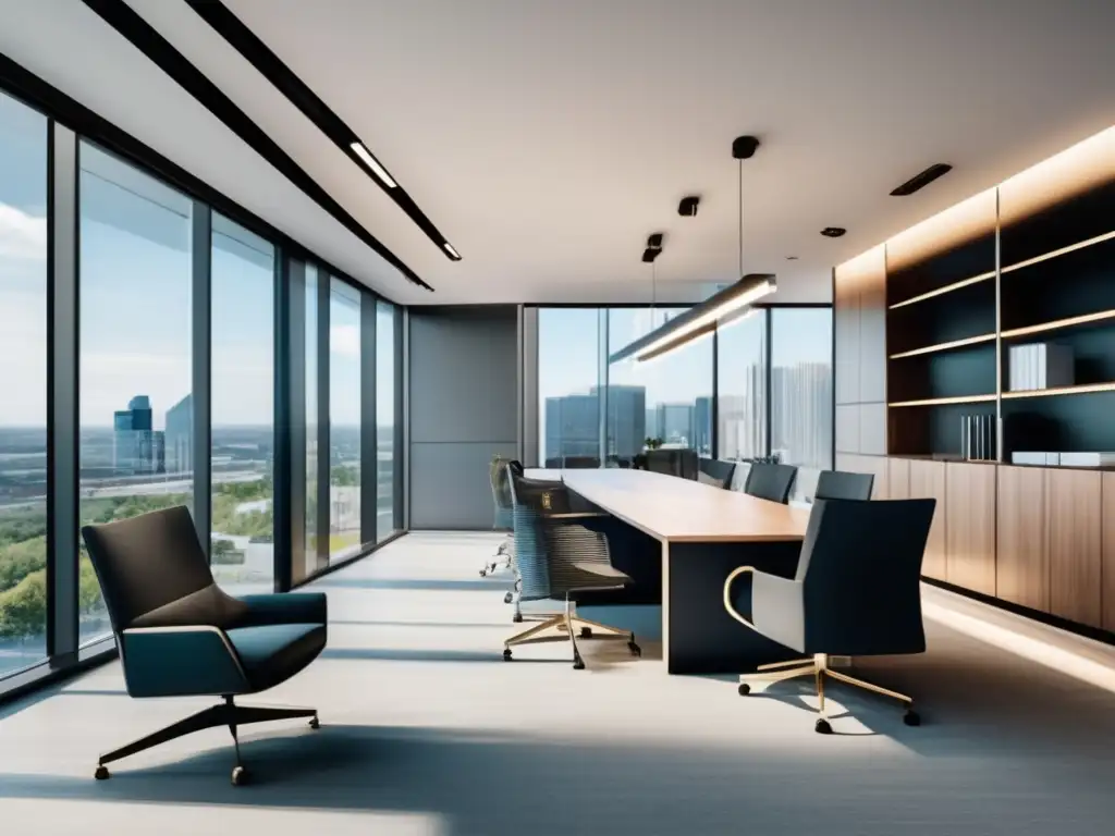 Espacio de oficina moderno con ventanales Espacio de oficina moderno con ventanales de piso a techo, diseño elegante y elementos de vidrio, acero y madera