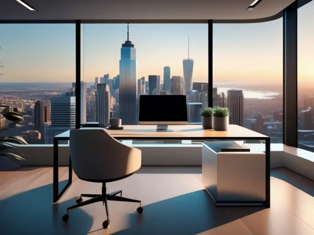 Espacio de oficina moderno con vista panorámica Espacio de oficina moderno con ventanales panorámicos, luz natural, escritorio minimalista, gráficos financieros y plantas verdes