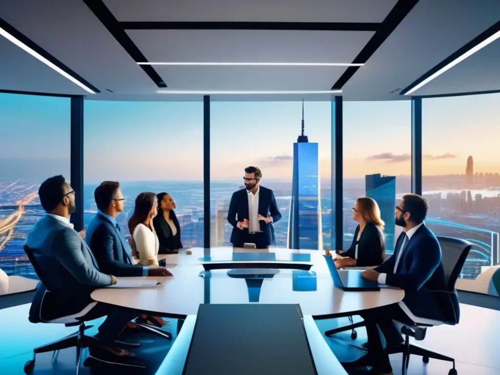 Oficina moderna con profesionales discutiendo Un espacio de oficina moderno con ventanas de piso a techo ofrece una vista impresionante de la ciudad