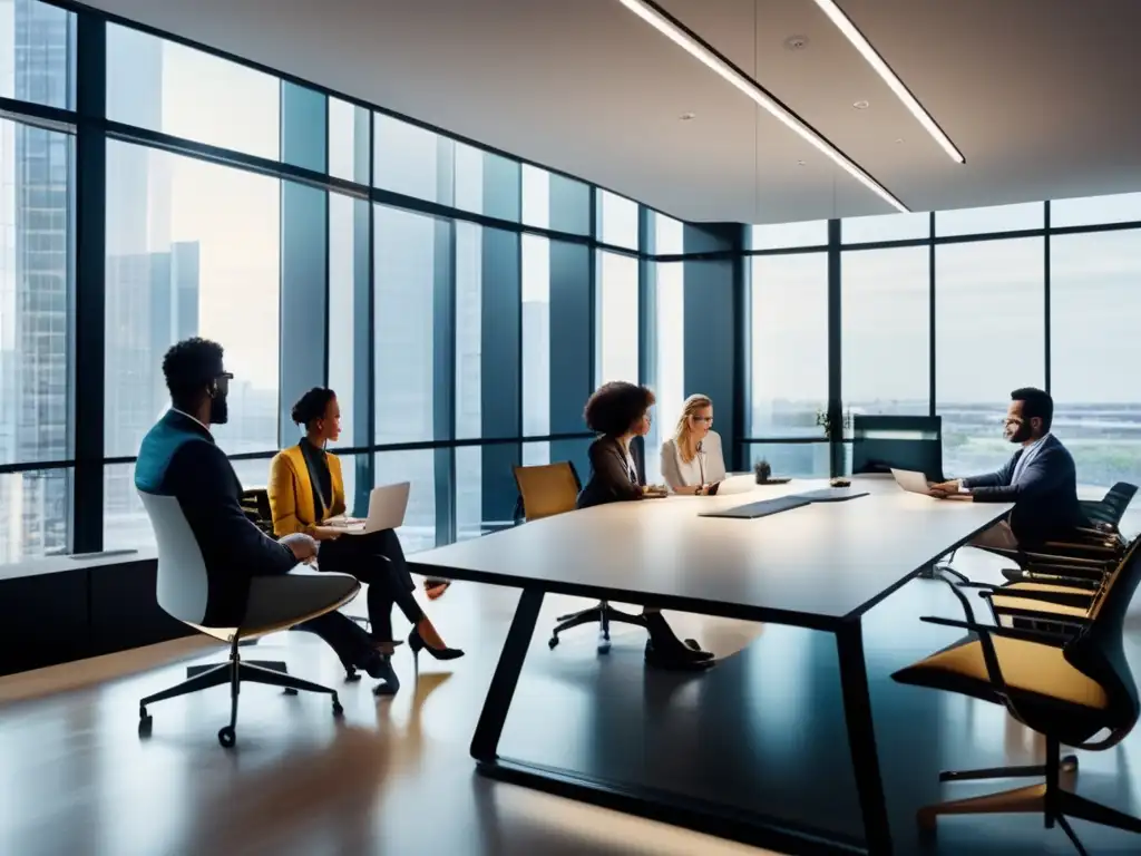 Oficina moderna con profesionales colaborando Espacio de oficina moderno con ventanas de piso a techo y mobiliario minimalista, iluminado por luz natural