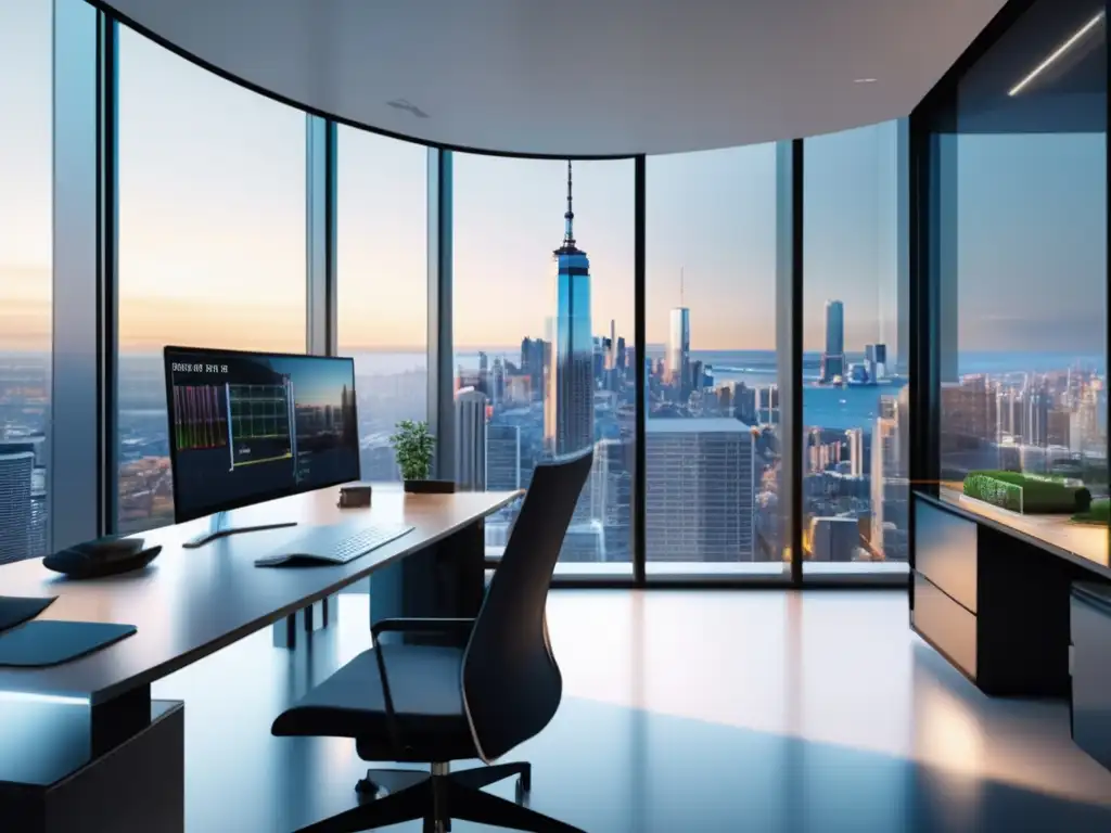 Oficina moderna con roboadvisors Espacio de oficina moderno con ventanas de piso a techo y vista de la ciudad