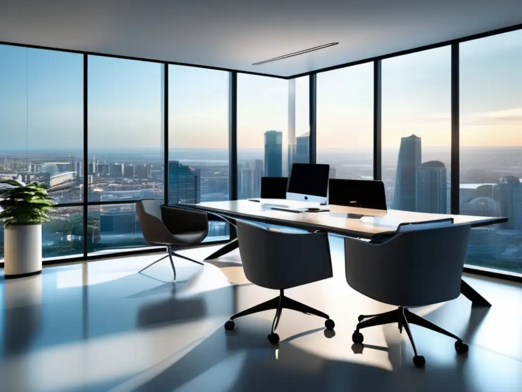 Oficina minimalista con vista a la ciudad Espacio de oficina moderno con vista a la ciudad y mobiliario minimalista