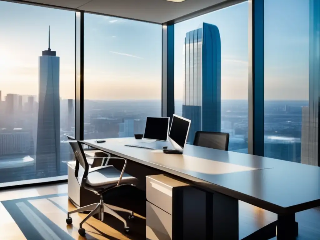 Espacio de oficina moderno con vista a la ciudad Espacio de oficina moderno con vista a la ciudad y mobiliario contemporáneo