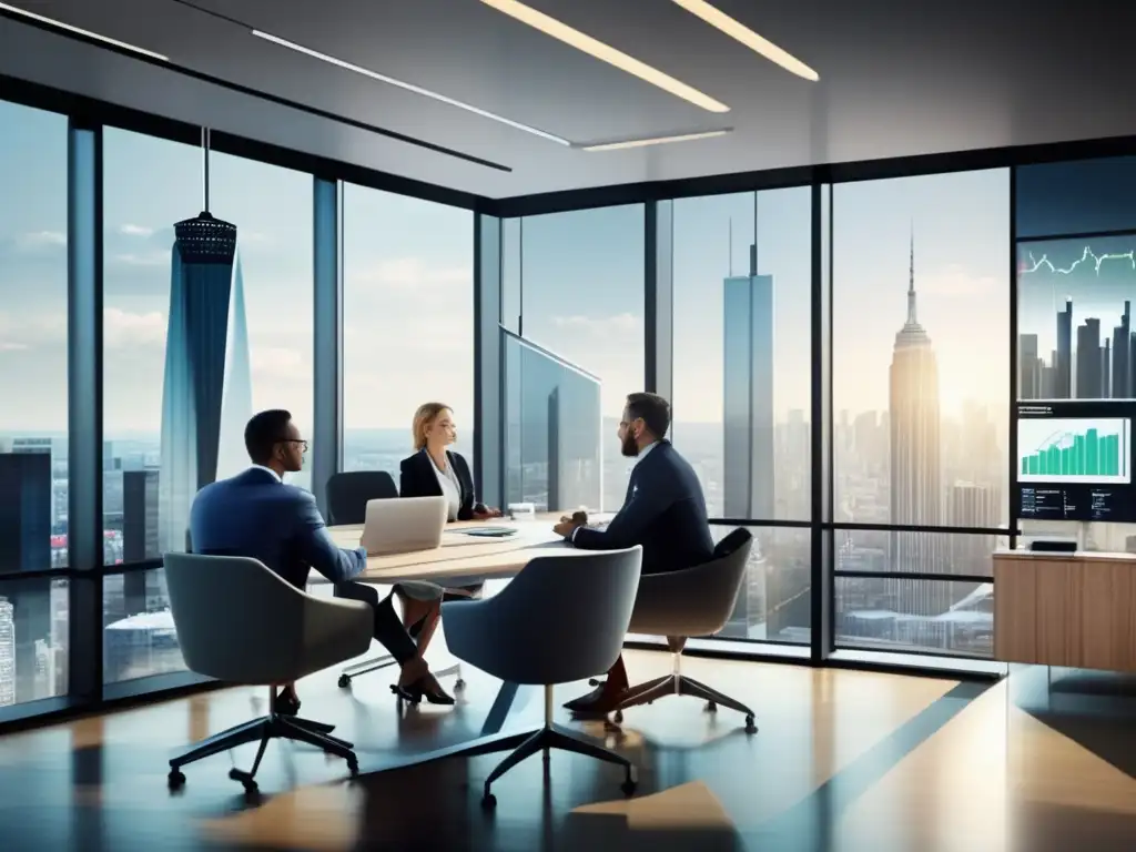 Oficina moderna con profesionales discutiendo Espacio de oficina moderno con vista a la ciudad