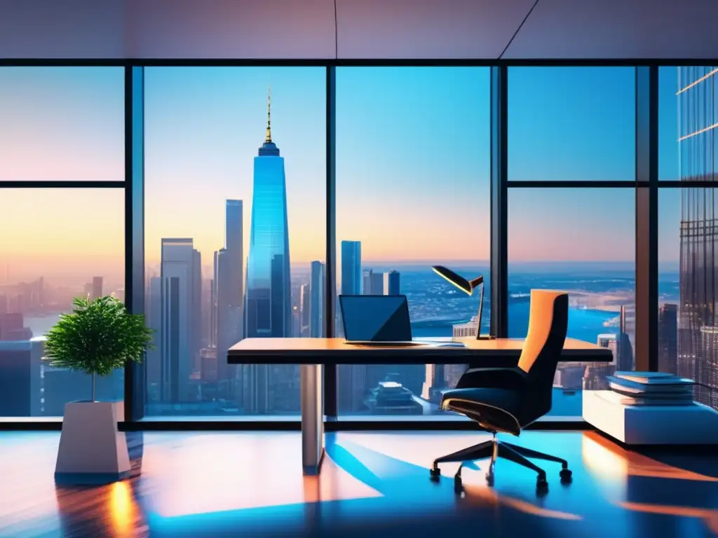 Oficina moderna con vista panorámica Espacio de oficina moderno con vista a la ciudad y estrategias fiscales para inversionistas astutos