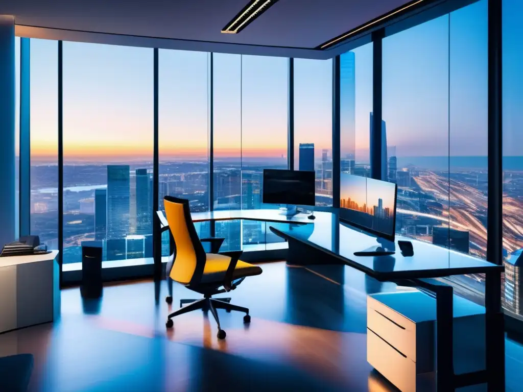 Espacio de oficina moderno con vista panorámica y estrategias fiscales Espacio de oficina moderno con vista panorámica a la ciudad y tácticas fiscales para inversionistas