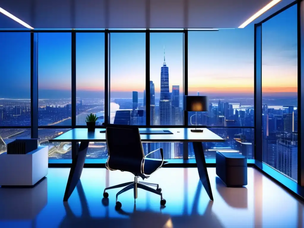 Oficina moderna con vista a la ciudad Espacio de oficina moderno con vista a la ciudad y mobiliario minimalista