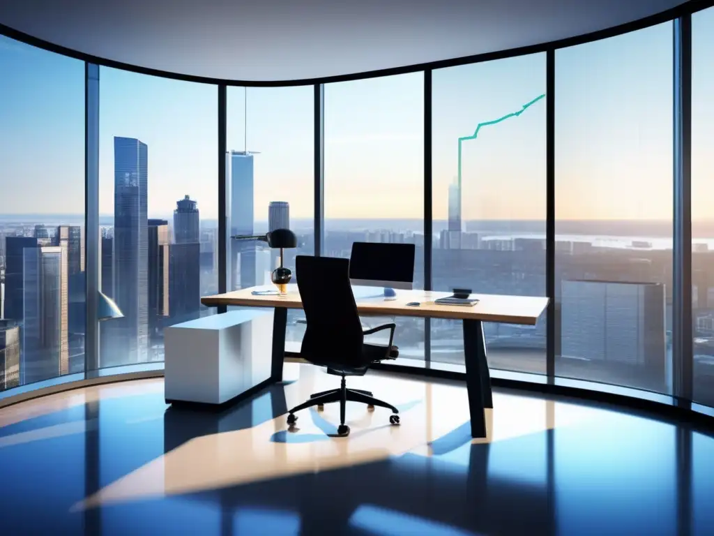 Espacio de oficina moderno con vista panorámica Espacio de oficina moderno con vista panorámica a la ciudad y mobiliario minimalista