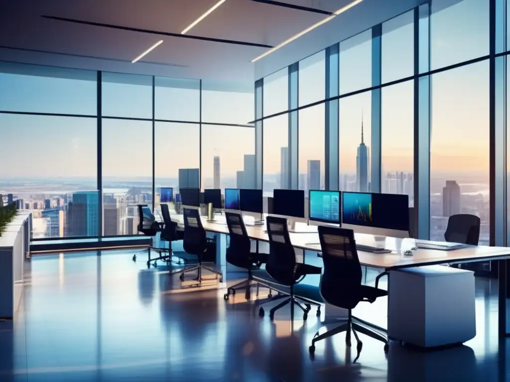 Espacio de oficina moderno y dinámico Espacio de oficina moderno con vista panorámica de la ciudad