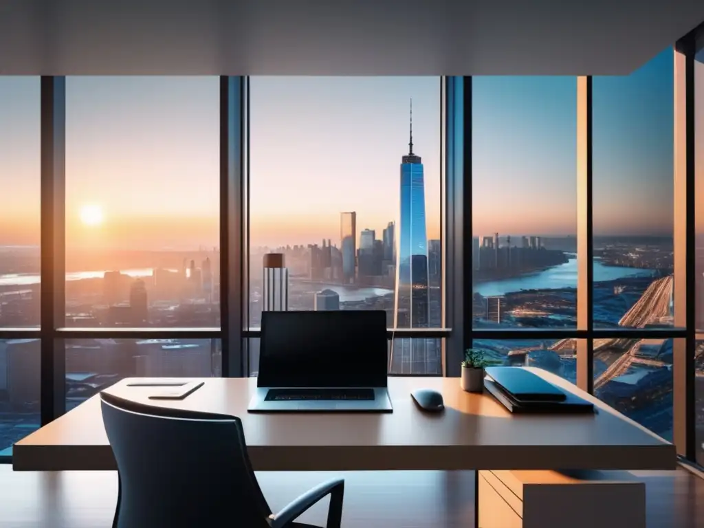 Oficina moderna con vista a la ciudad Espacio de oficina moderno con vista a la ciudad, mostrando tecnología y libros de inversión inmobiliaria