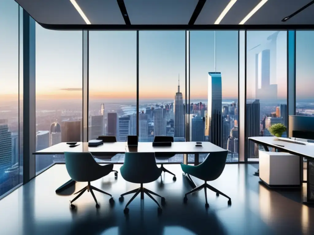 Oficina moderna con vista panorámica y profesionales discutiendo Espacio de oficina moderno muestra vista panorámica de ciudad con estrategias para preservar valor de cartera