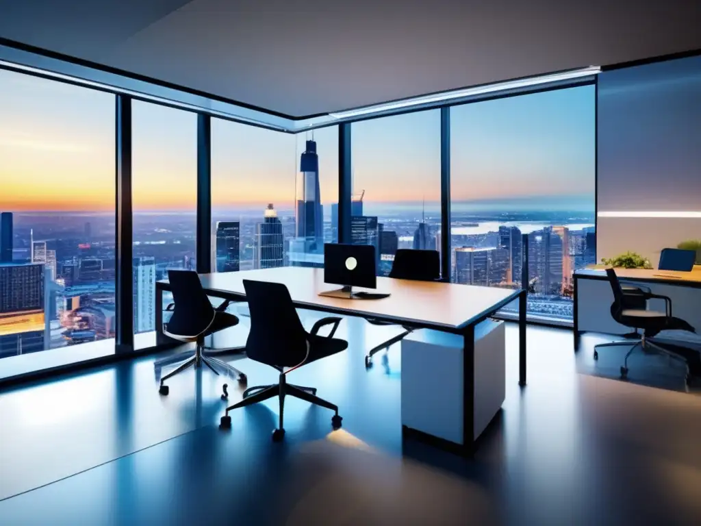 Oficina moderna con vistas a la ciudad Espacio de oficina moderno con vista a la ciudad, profesionales trabajando, colaborando y discutiendo estrategias en un ambiente dinámico