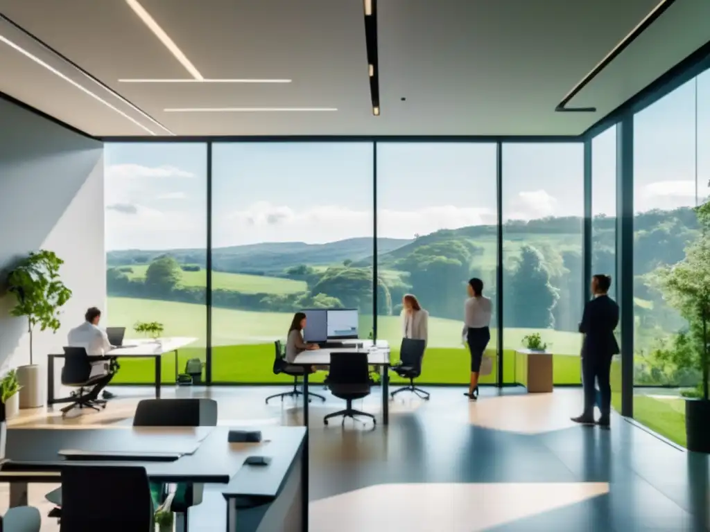 Oficina sostenible y profesionales analizando compromisos ESG Espacio de oficina moderno con vista a paisaje verde