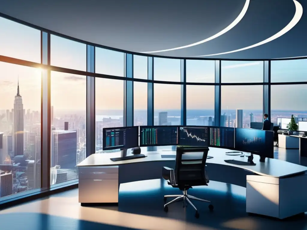 Oficina moderna con vista panorámica financiera Espacio de oficina moderno con vista panorámica del distrito financiero, iluminado por luz natural y equipado con tecnología avanzada