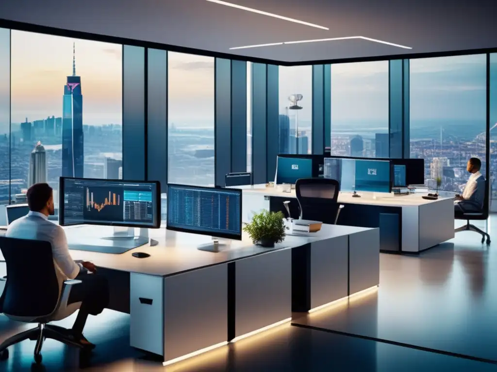 Oficina moderna con vista a la ciudad Espacio de oficina moderno con vista a la ciudad y muebles minimalistas