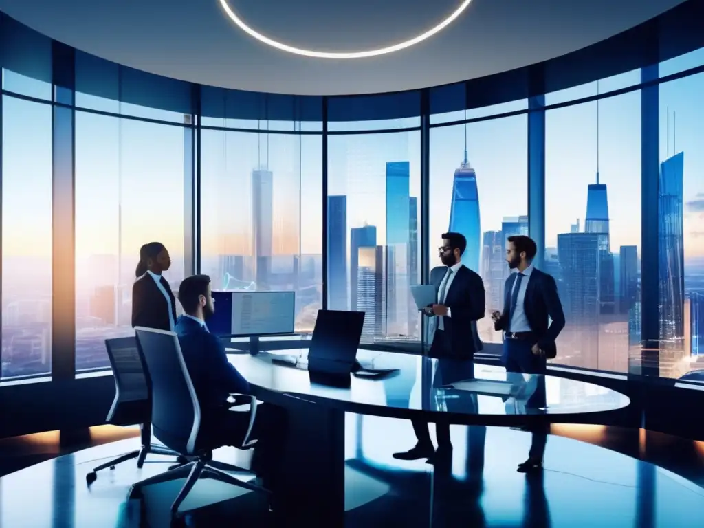 Oficina moderna con vista a la ciudad y profesionales discutiendo Espacio de oficina moderno con vista a una ciudad animada