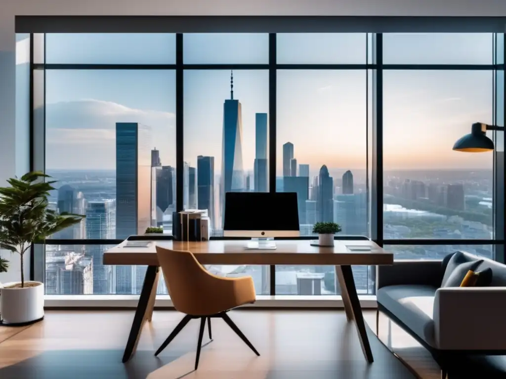 Oficina moderna con vista a la ciudad Espacio de oficina moderno con vista a la ciudad, mobiliario elegante y decoración minimalista