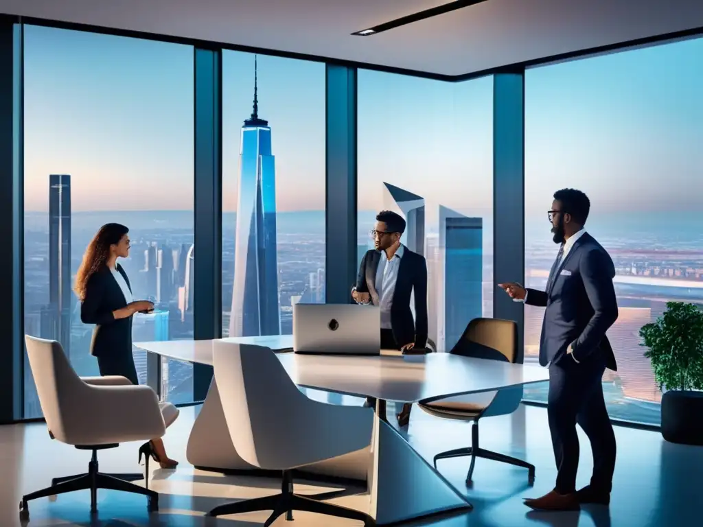 Oficina moderna con IA y profesionales discutiendo Espacio de oficina moderno con vista a la ciudad y tecnología de IA para valoración de activos