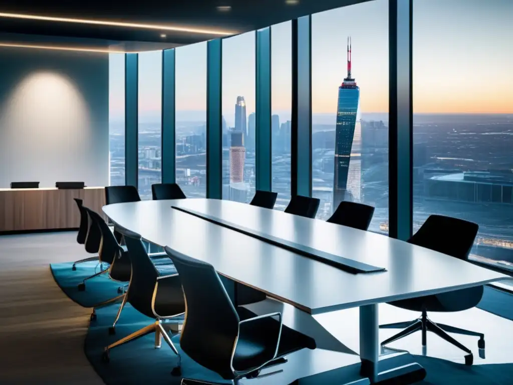 Oficina moderna con vistas a la ciudad Espacio de oficina moderno con vista a la ciudad y mobiliario minimalista