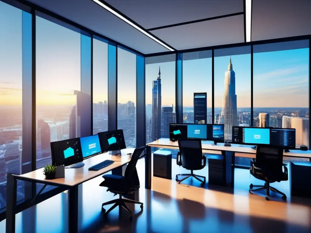 Oficina moderna con vista a la ciudad y gráficos de criptomonedas Espacio de oficina moderno con vistas a la ciudad y monitores mostrando gráficos de criptomonedas en tiempo real