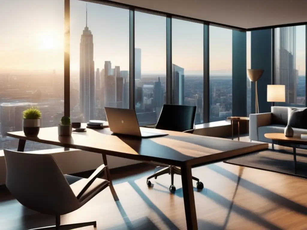 Oficina moderna con vista a la ciudad Espacio de oficina moderno con vistas a la ciudad, decorado con muebles elegantes y diseño minimalista