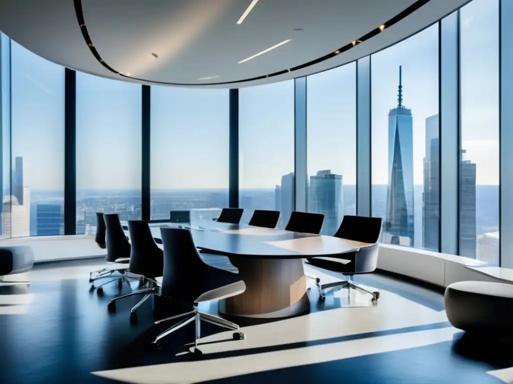 Oficina moderna con vista panorámica Un espacio de oficina moderno con vistas a un distrito financiero, mobiliario contemporáneo y arte abstracto