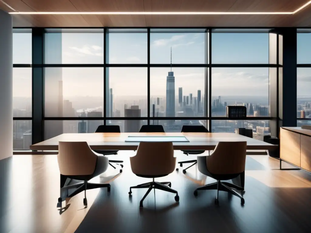 Oficina moderna con vista urbana y tecnología avanzada Espacio de oficina moderno con vistas a la ciudad: Filantropía y ganancia en inversiones
