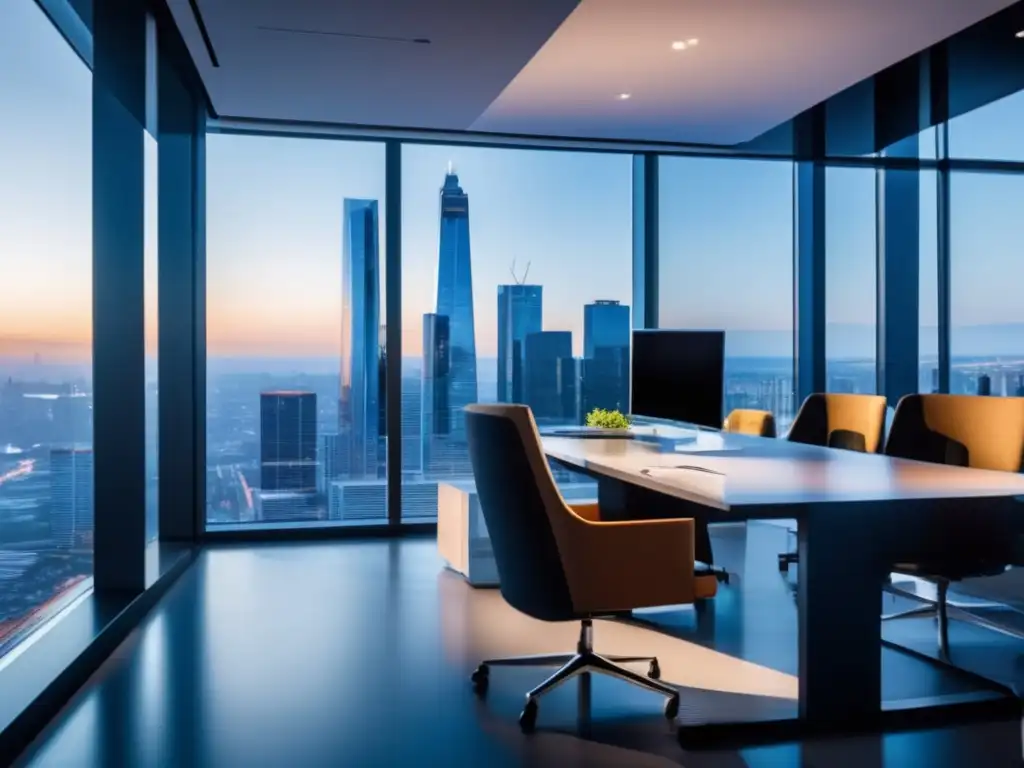 Oficina moderna con vista a la ciudad y datos financieros Espacio de oficina moderno con vistas a la ciudad, mobiliario ergonómico y gráficos financieros en pantalla