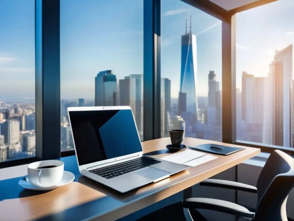 Espacio de trabajo profesional y organizado Espacio de trabajo eficiente para autónomos inversionistas, con laptop, documentos financieros y vista de ciudad