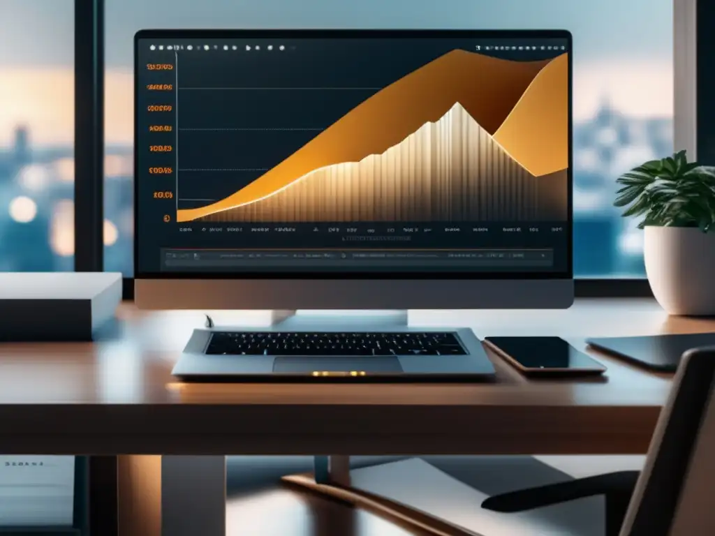 Espacio de trabajo minimalista y sereno Espacio de trabajo minimalista y sereno con escritorio de madera, laptop y gráfico de bolsa