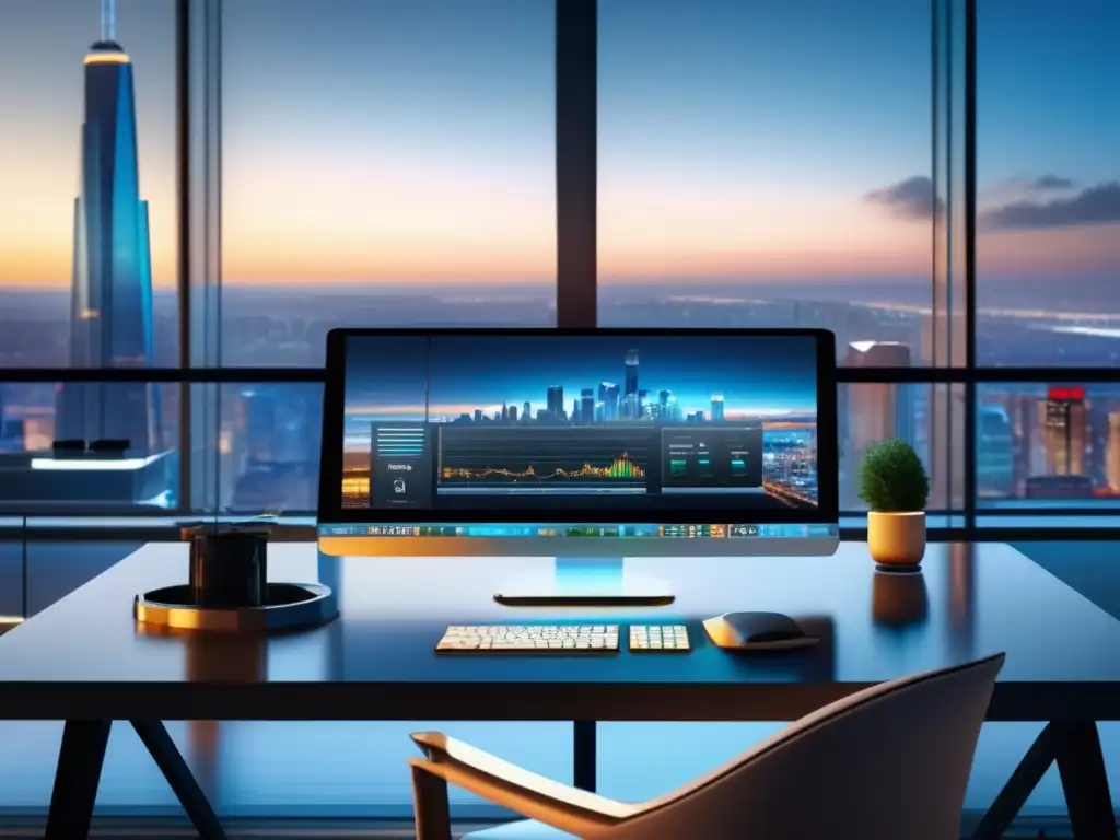 Espacio de trabajo moderno y eficiente Espacio de trabajo moderno y elegante con vista panorámica de la ciudad, herramientas de inversión innovadoras y elementos profesionales