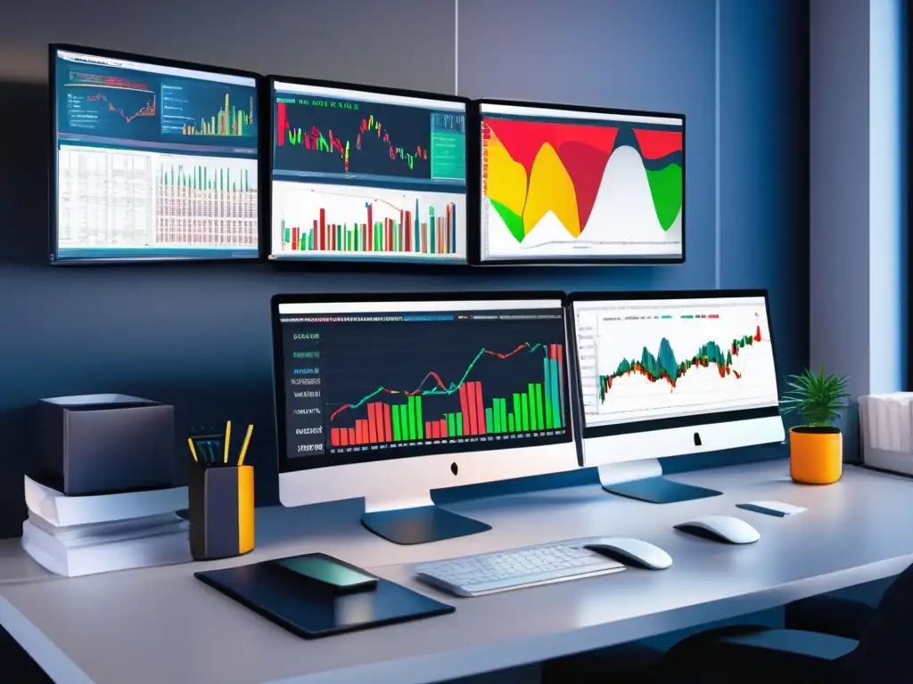 Espacio de trabajo financiero moderno Espacio de trabajo moderno con escritorio elegante y múltiples pantallas mostrando gráficos y análisis financiero