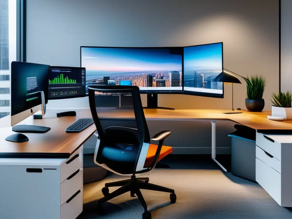 Espacio de trabajo moderno y eficiente Espacio de trabajo moderno con escritorio minimalista, computadora de alta gama, silla ergonómica y gestión del tiempo para inversores