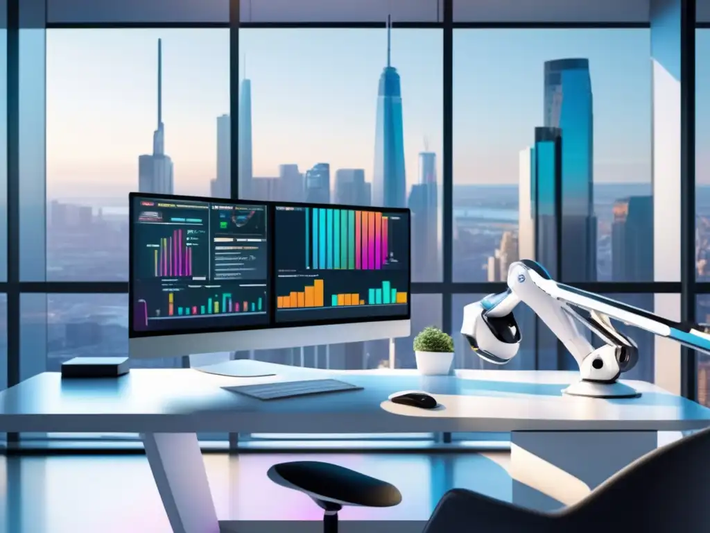 Espacio de trabajo inteligente y profesional Espacio de trabajo moderno con escritorio blanco y vista a la ciudad, herramientas inteligentes para diversificar inversión