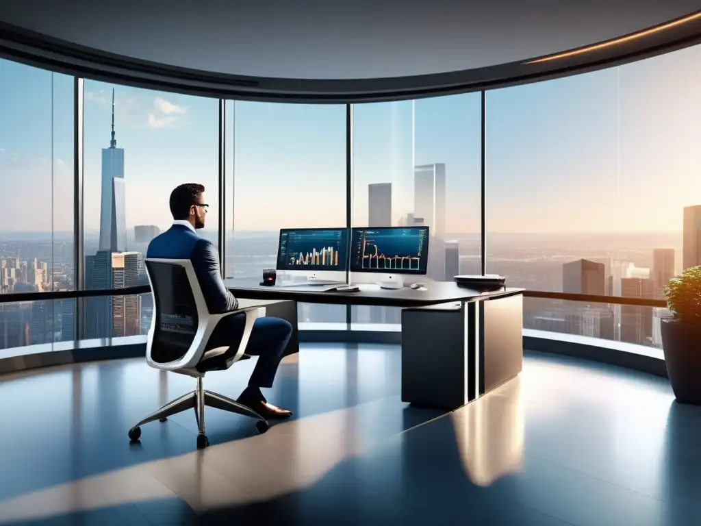 Espacio de trabajo moderno y sofisticado Espacio de trabajo moderno con vista panorámica y herramientas de inversión inteligente