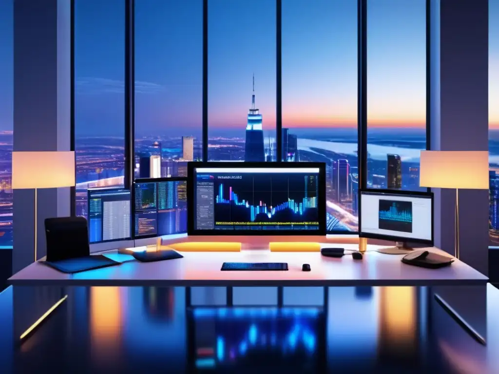 Espacio de trabajo moderno con vista panorámica nocturna Espacio de trabajo moderno con vista panorámica nocturna de la ciudad, con escritorio de vidrio, simulador de bolsa y documentos financieros