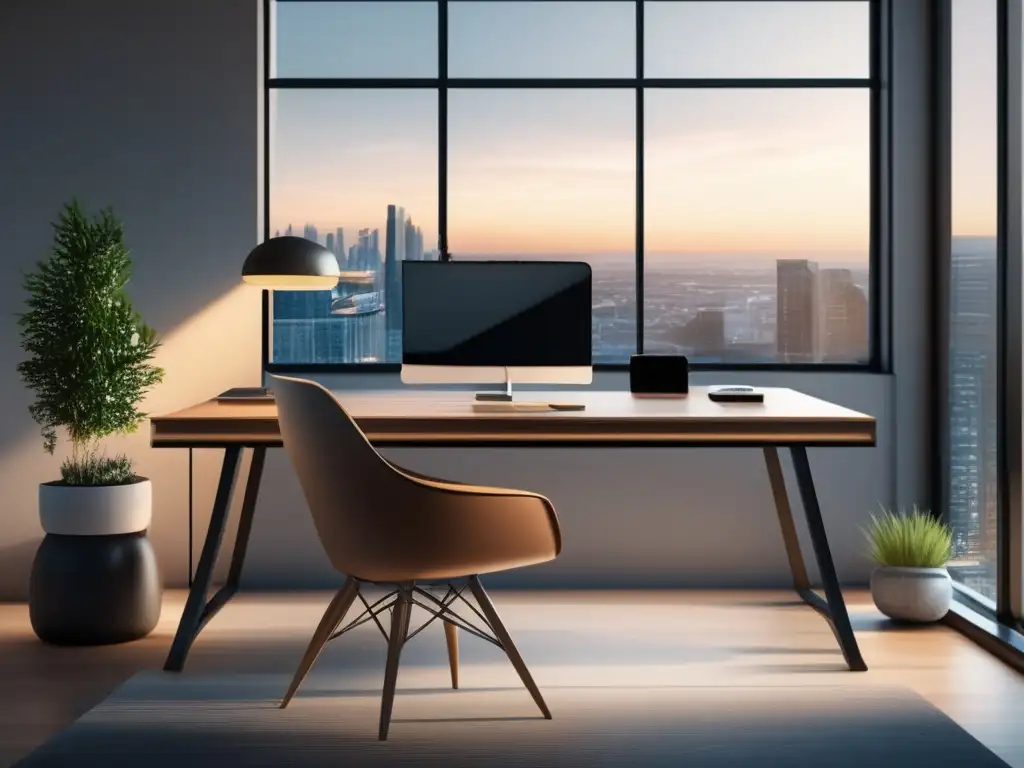 Espacio de trabajo moderno y sereno Espacio de trabajo moderno con vista a la ciudad y beneficios del mindfulness en inversiones
