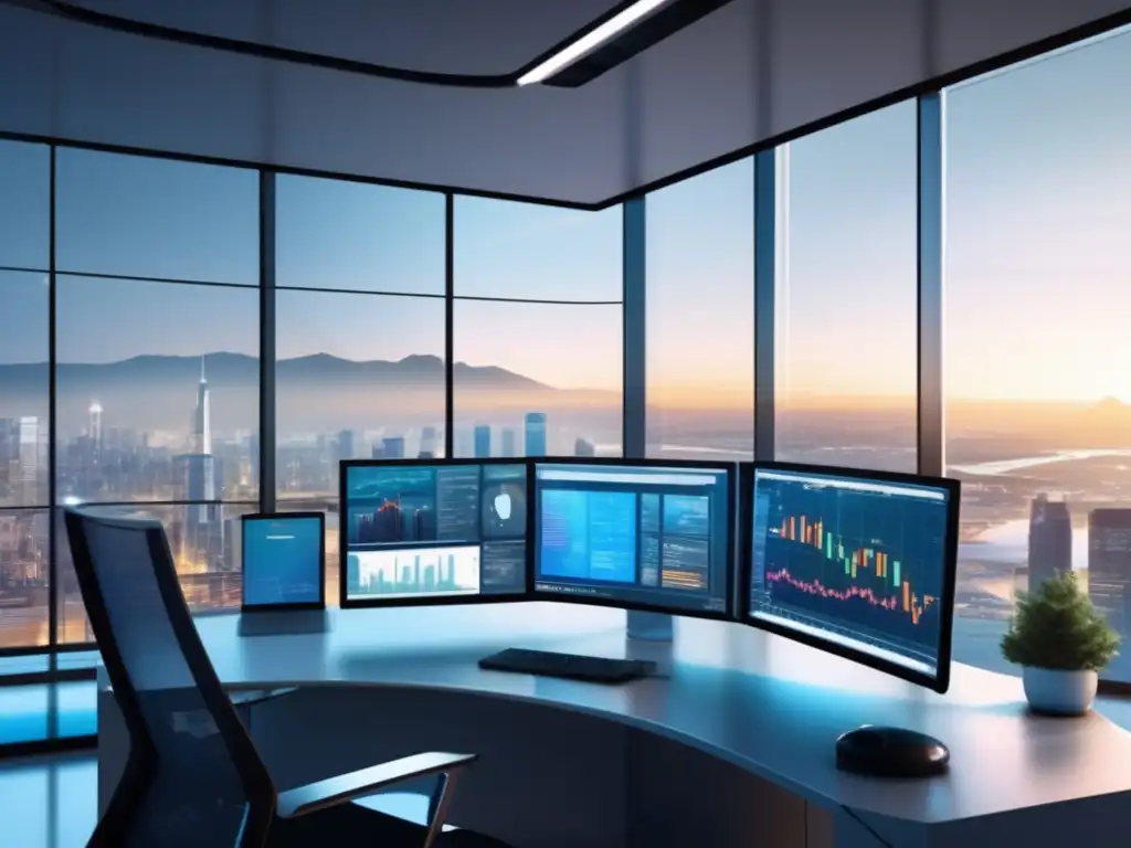 Espacio de trabajo moderno con vista panorámica Espacio de trabajo moderno con vista panorámica de la ciudad - Estrategias de inversión en noticias